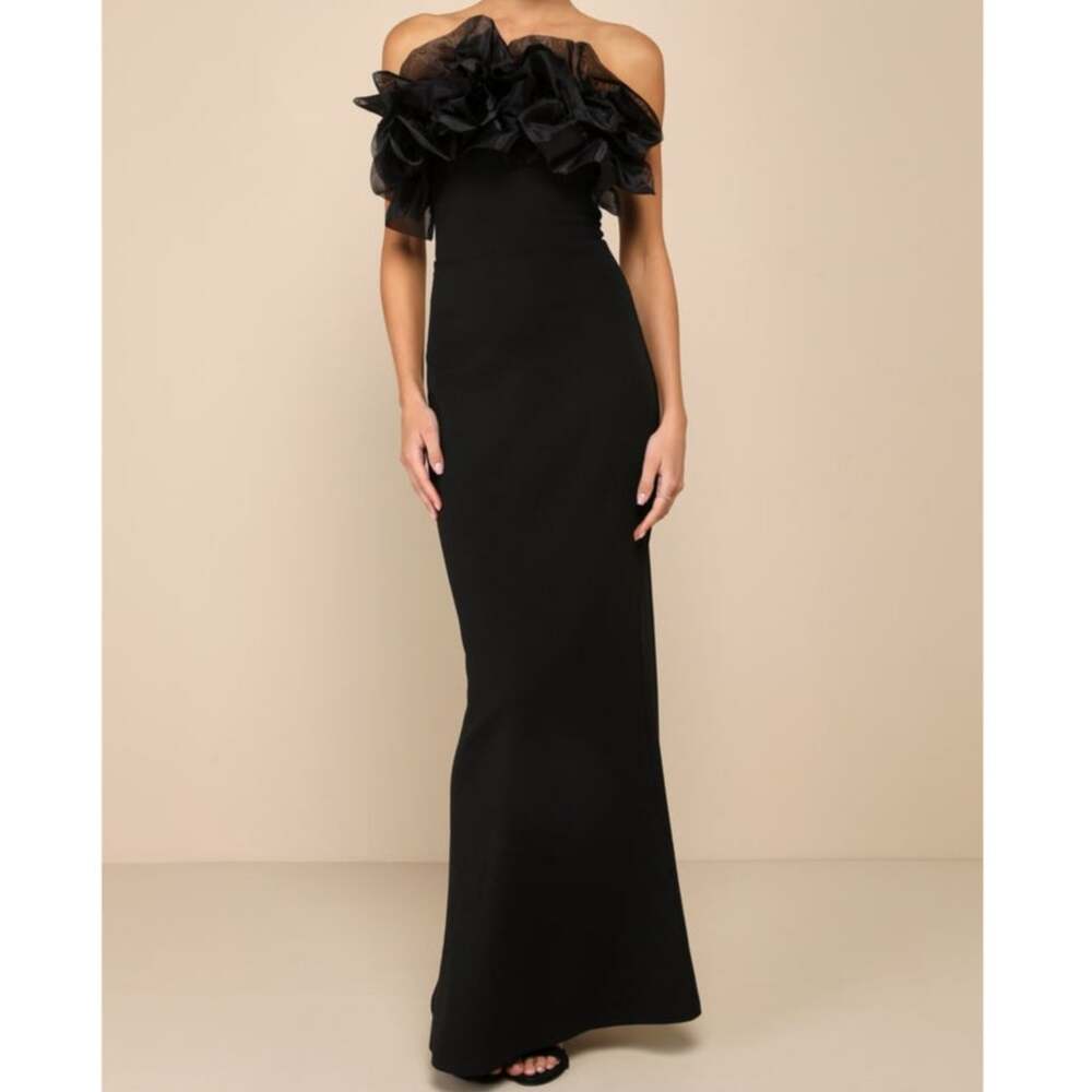 NEW Lulus Evening Excellence Black Crepe Ruffled Strapless Mermaid Maxi Dress XS